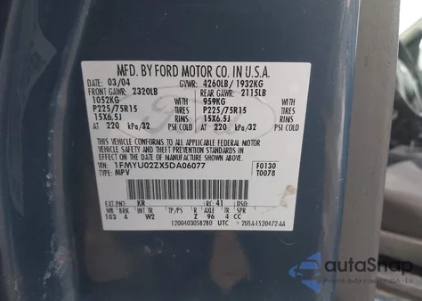 2005 Ford Escape Xls из США, поврежденный, VIN 1FMYU02ZX5DA06077